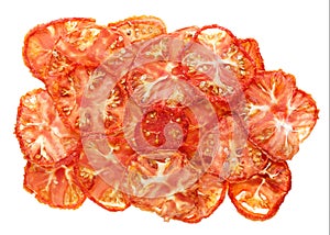 Dried tomato chips. Crispy dehydrated tomato slices