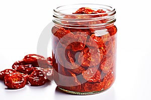 Dried tomatoes in a glass jar on a white background close up