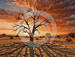 Dried tree in the desert under the scorching sun. AI Generative Content photo