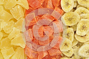 Dried tropical fruits background