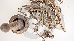 Dried tulsi holy basil in a mortar with pestle over white background.