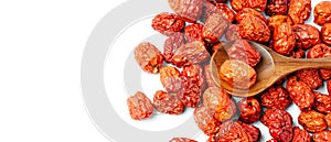 dried unabi fruit or jujube in wood bowl of on white background.