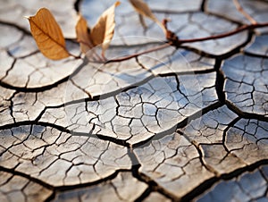 a dried up crack in the ground with a leaf on it