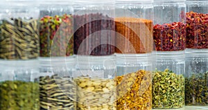 Dried vegetables in glass jars, onions, beets, carrots, pumpkin, bay leaf, banks on blurred background. Superfoods