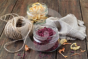 Dried vegetables, twine and linen cloth