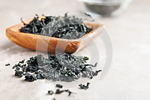 Dried wakame seaweed on kitchen table