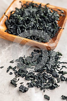 Dried wakame seaweed on kitchen table