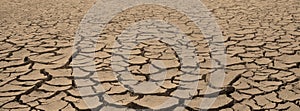 Dried wasteland with cracked brown mud surface. Close up panorama with deep focus