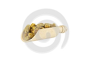 Dried white mulberry fruit - latin Morus alba - in wooden scoop isolated on white background. Spices and food ingredients