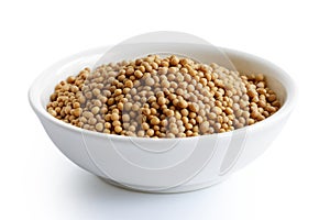 Dried white mustard seeds in white ceramic bowl isolated on whit