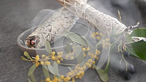 Dried white sage smudge stick, relaxation and aromatherapy. Smudging during psychic occult ceremony, herbal healing