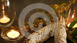 Dried white sage smudge stick, relaxation and aromatherapy. Smudging during psychic occult ceremony, herbal healing, yoga or aura