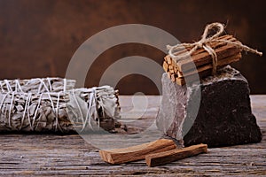 Dried white sage smudge sticks and palo santo smudging sticks