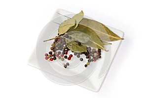 Dried whole bay leaves and various peppercorns on square saucer