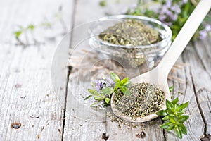 Dried Winter Savory on a cooking spoon
