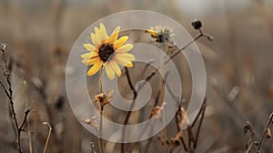 A the dried and withered plants a single sunflower manages to thrive its bright petals standing out against the bleak