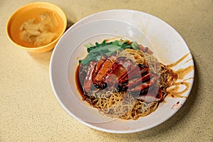 Dried Won Ton noodles with roasted BBQ pork, Wan tan mee , Chinese cuisine