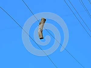 Dried wooden branch detail hanging on a wire on a sky background