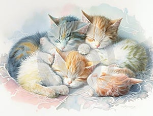 A drift of blissful kittens cozy and content as they snuggle up together. Cute creature. AI generation