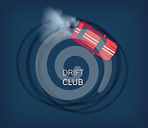 Drift club poster or web banner. Sport car drifting on race track. Motorsport competition. Top view flat style vector