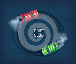 Drift club poster or web banner. Sport car drifting on race track. Motorsport competition. Top view flat style vector