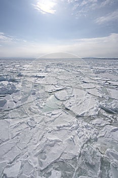 Drift ice in the offing of the Abashiri port, Hokkaido, Japan photo