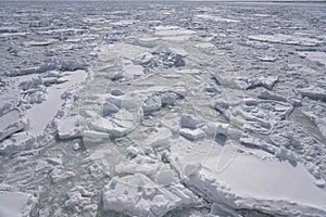 Drift ice in the offing of the Abashiri port, Hokkaido, Japan photo