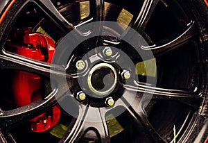 Drift inspired styling. Car wheel detail. Alloy wheel. Gloss black rim of luxury car wheel. Wheel and rim. Front or rear