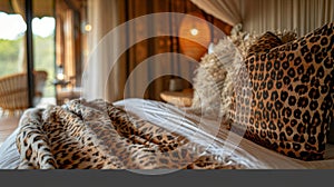 Drift off to sleep in a cozy bed adorned with luxurious animal print linens surrounded by the sights and sounds of the