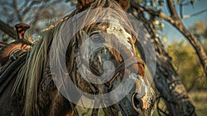 The drifters horse stands tethered to a tree its eyes wild and untamed a reflection of its masters nomadic spirit.