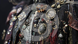 The drifters layered ensemble is adorned with an assortment of mismatched brooches each bearing its own eerie symbolic