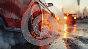 Drifting car, Sport car wheel drifting and smoking on track, Abstract texture and background black tire tracks skid on