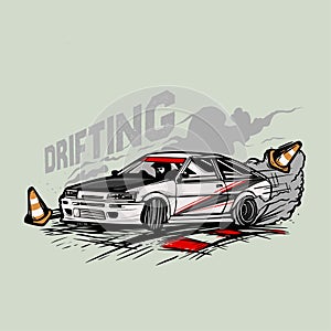 drifting car. vector drag racing print design. white car jdm