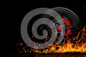 Drifting car wheel with smoke and fire isolated on a black background