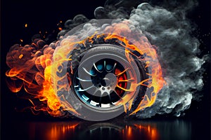 Drifting and fire smoking sport car tire with red breaks