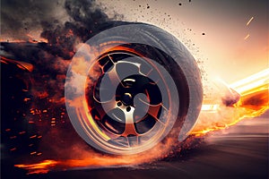Drifting and fire smoking sport car tire with red breaks