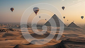 Drifting Hot Air Balloons Above The Egyptian Pyramids in Giza, Egypt - Generative AI