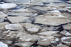 Drifting ice floes. Melting ice, many large and small ice floes on the water surface