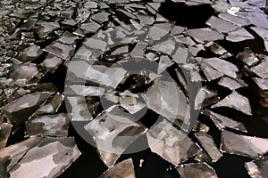 Drifting ice floes on river. ice drift on Moscow river