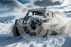 Drifting offroad car 4x4 in a snowdrifts, freeze motion of exploding snow powder into the air