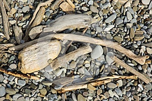 Driftwood and assorted smooth stones on a beach.