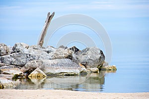 Driftwood log in beach rocks with blue water horizon