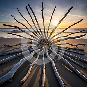 Driftwood sculpture on a beach, resembling