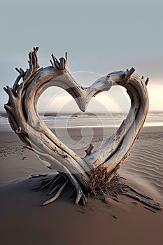 Driftwood in the shape of a heart washed ashore a desolate foggy beach