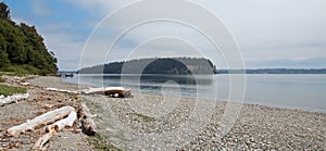 Driftwood on the shore of Shine Tidelands State Park on Bywater Bay near Port Ludlow in the Puget Sound in Washington State