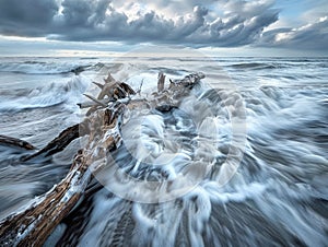 Driftwood on a shore transforms into a microcosm of life, evolving with each wave photo