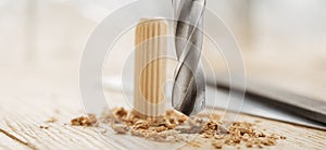 drill bit makes hole in wooden oak board for wooden dowel