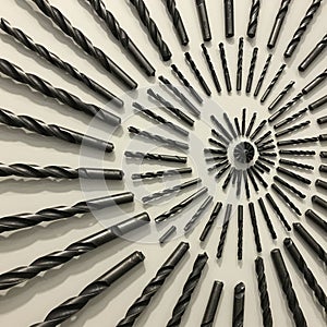 Drill bits arranged in a spiral pattern on a flat surface.