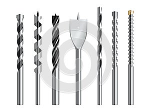 Perforare bit metallico realistico impostato. acciaio utensili diverso forme vanga il bordo sperone opere murarie intrecciare 