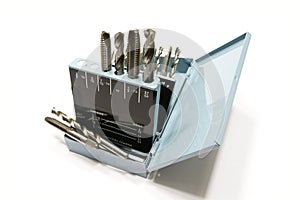 Drill bits and taps in a metal box